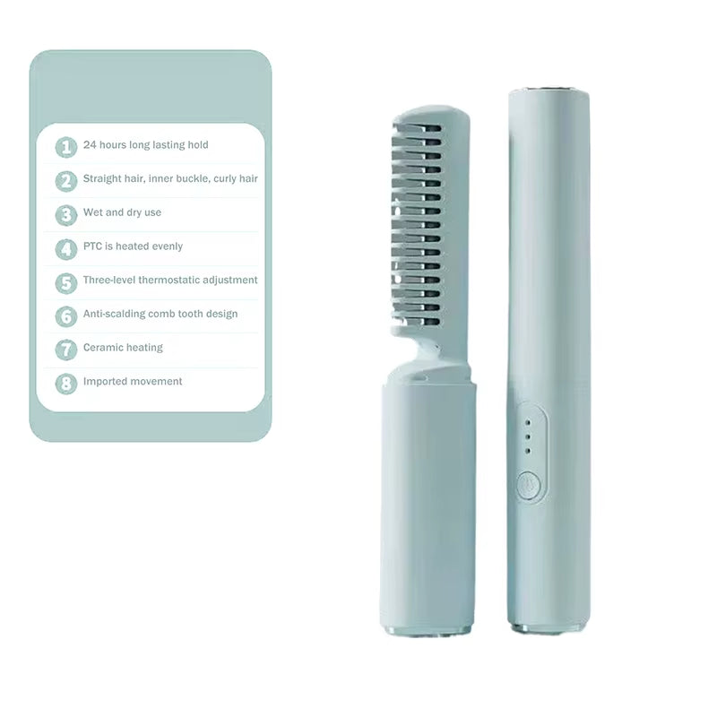 Straight Hair Comb Electric Hot Comb 2 in 1 Upgrade Version Wireless Hair Straightener and Curler USB Charging